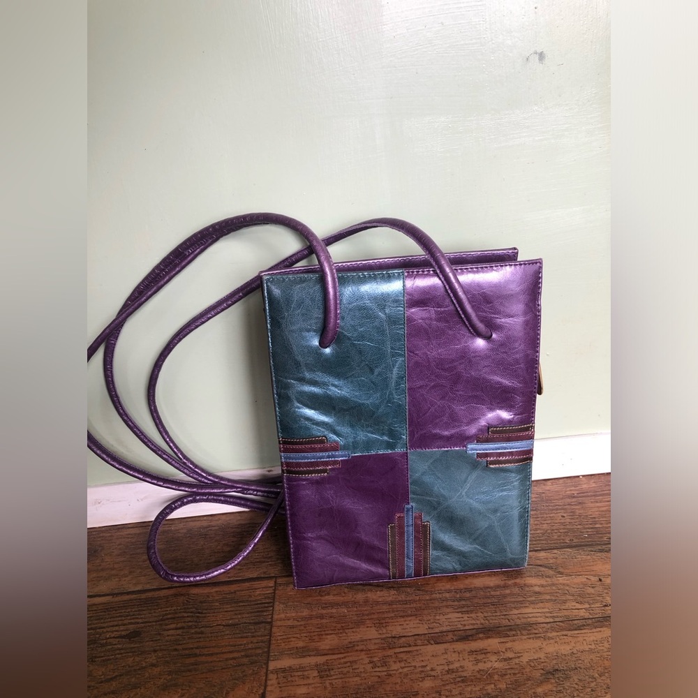 Women’s Metallic Purple and Teal Patchwork Crossbody Bag